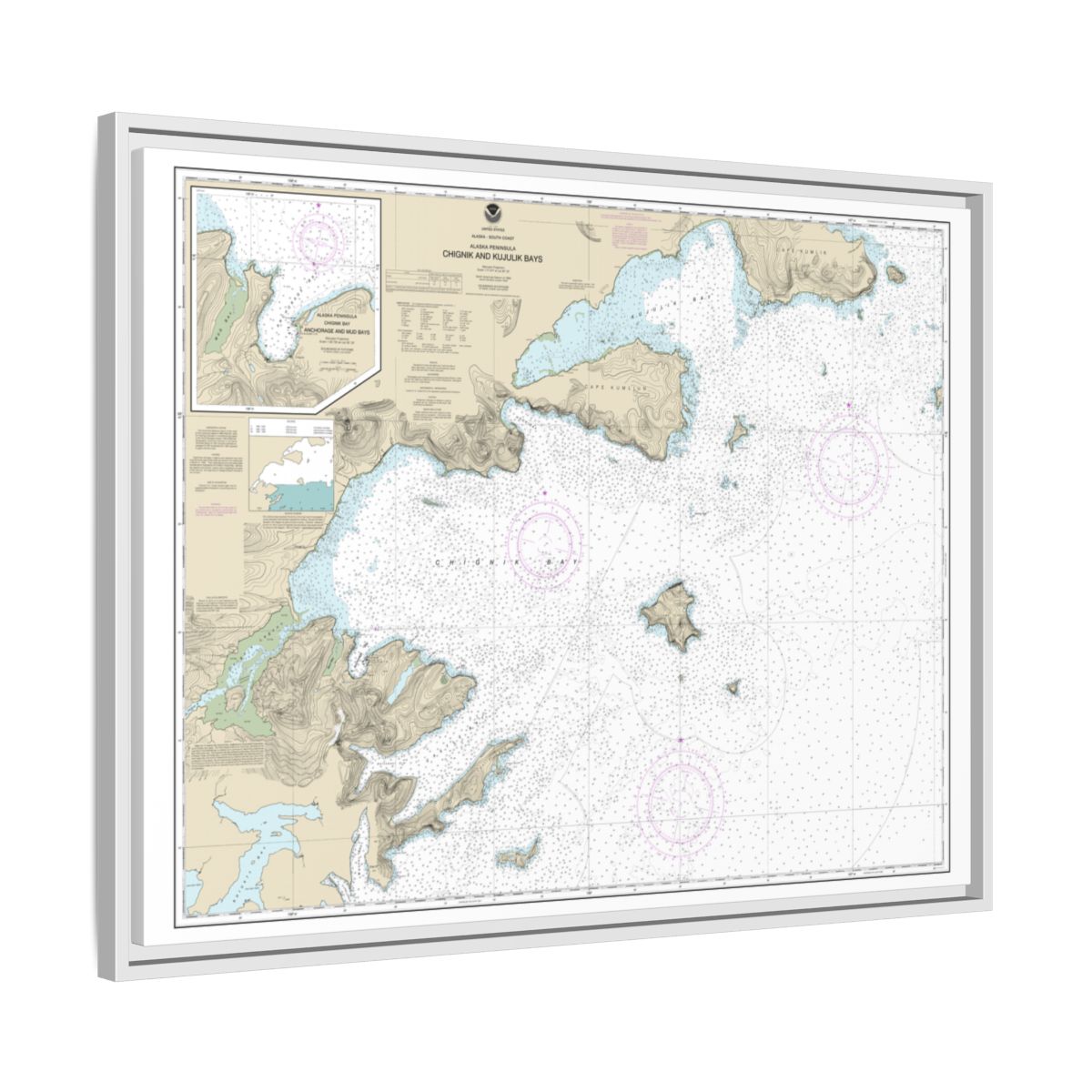 Chart 16566 Chignik and Kujulik Bays, Alaska Pen.;Anchorage and Mud Bays, Chignik Bay - NOAA Nautical Chart Floating Frame Canvas | 32" x 24" | 40" x 30" - White side