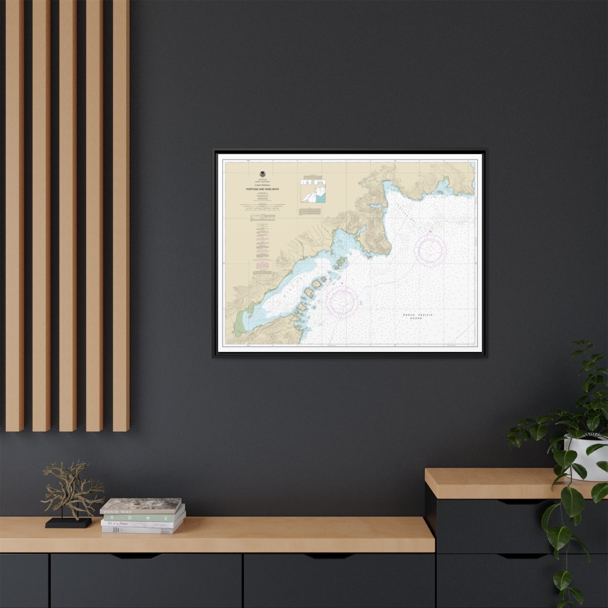 Chart 16570 Portage and Wide Bays, Alaska Pen. - NOAA Nautical Chart Floating Frame Canvas | 32" x 24" | 40" x 30" - Black context-2