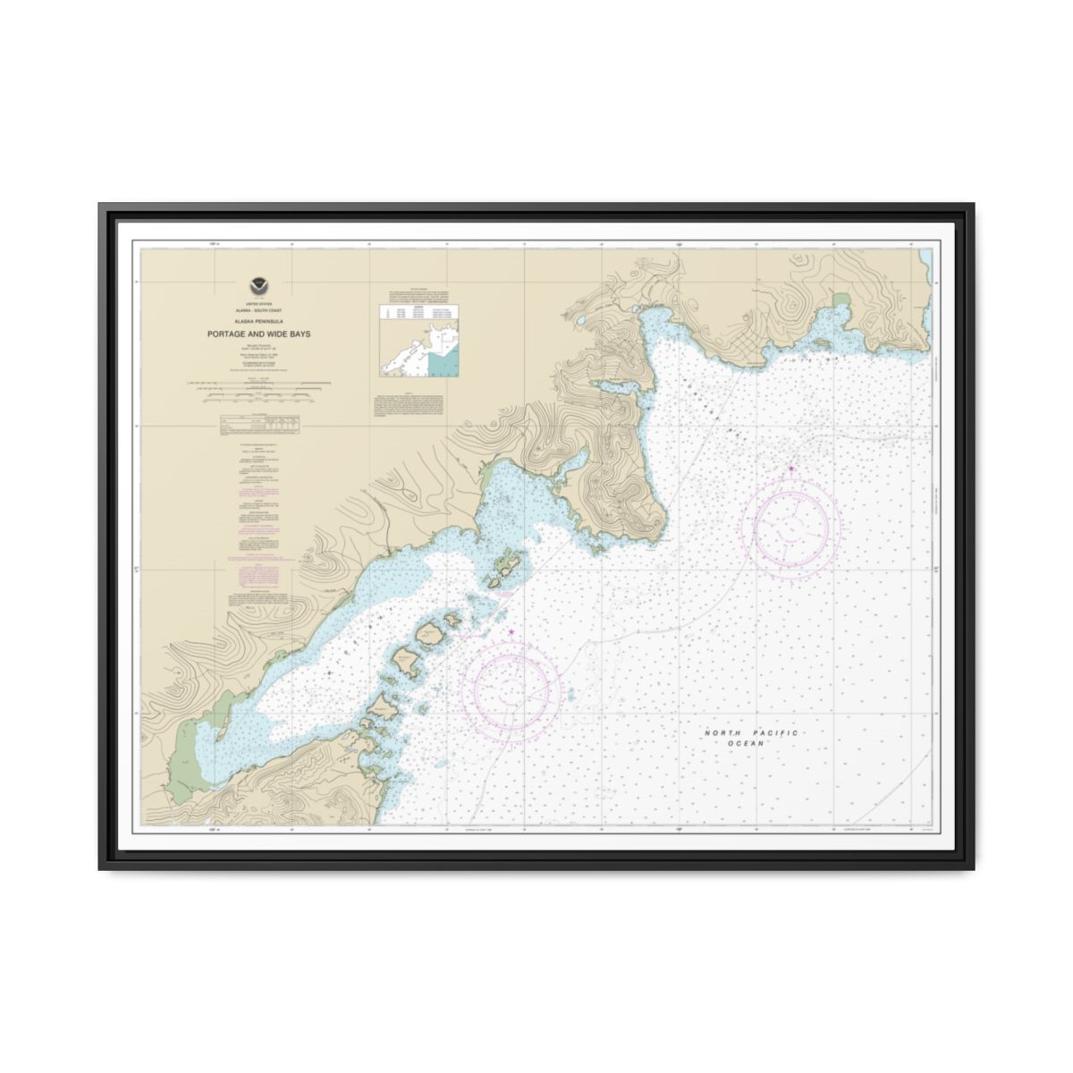 Chart 16570 Portage and Wide Bays, Alaska Pen. - NOAA Nautical Chart Floating Frame Canvas | 32" x 24" | 40" x 30" - Black front