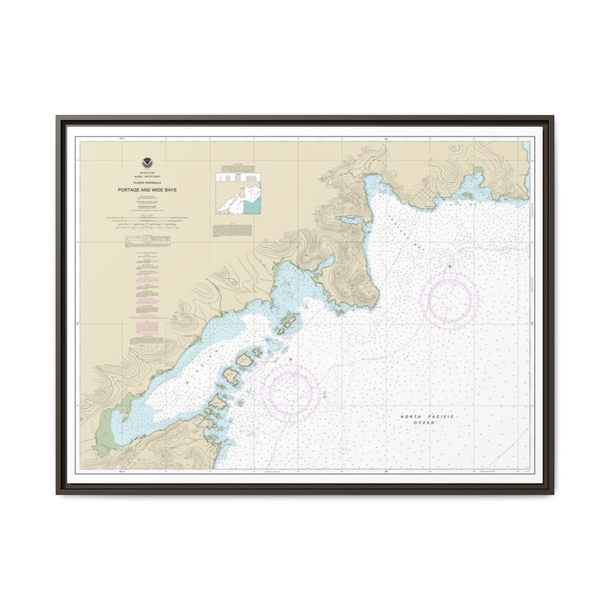 Chart 16570 Portage and Wide Bays, Alaska Pen. - NOAA Nautical Chart Floating Frame Canvas | 32" x 24" | 40" x 30" - Espresso front