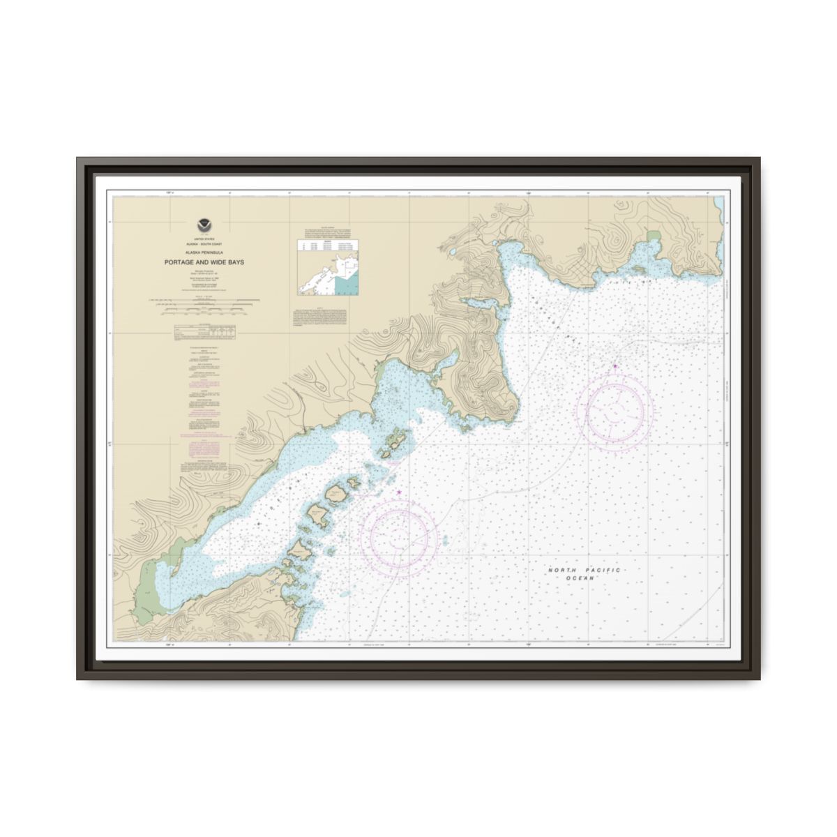 Chart 16570 Portage and Wide Bays, Alaska Pen. - NOAA Nautical Chart Floating Frame Canvas | 32" x 24" | 40" x 30" - Espresso front