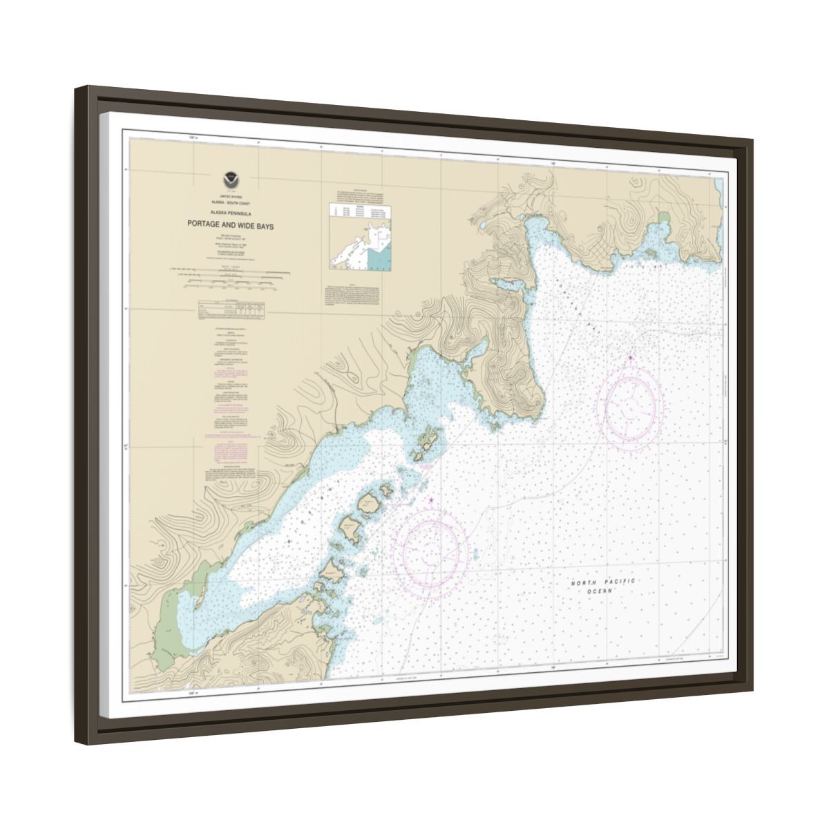 Chart 16570 Portage and Wide Bays, Alaska Pen. - NOAA Nautical Chart Floating Frame Canvas | 32" x 24" | 40" x 30" - Espresso side