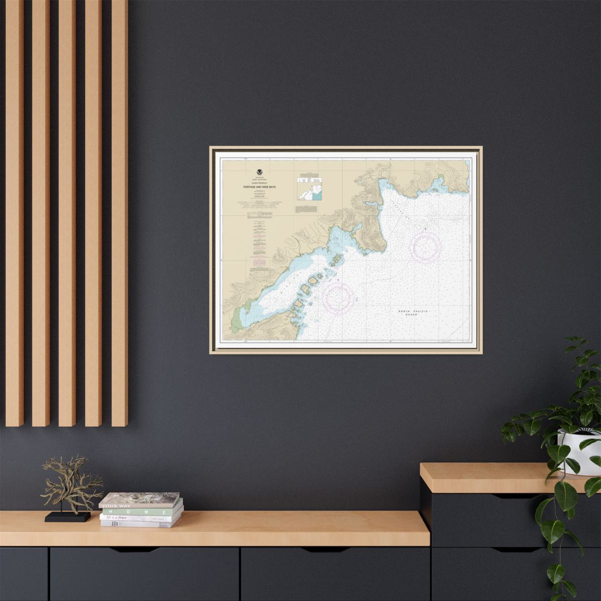 Chart 16570 Portage and Wide Bays, Alaska Pen. - NOAA Nautical Chart Floating Frame Canvas | 32" x 24" | 40" x 30" - Natural context-2