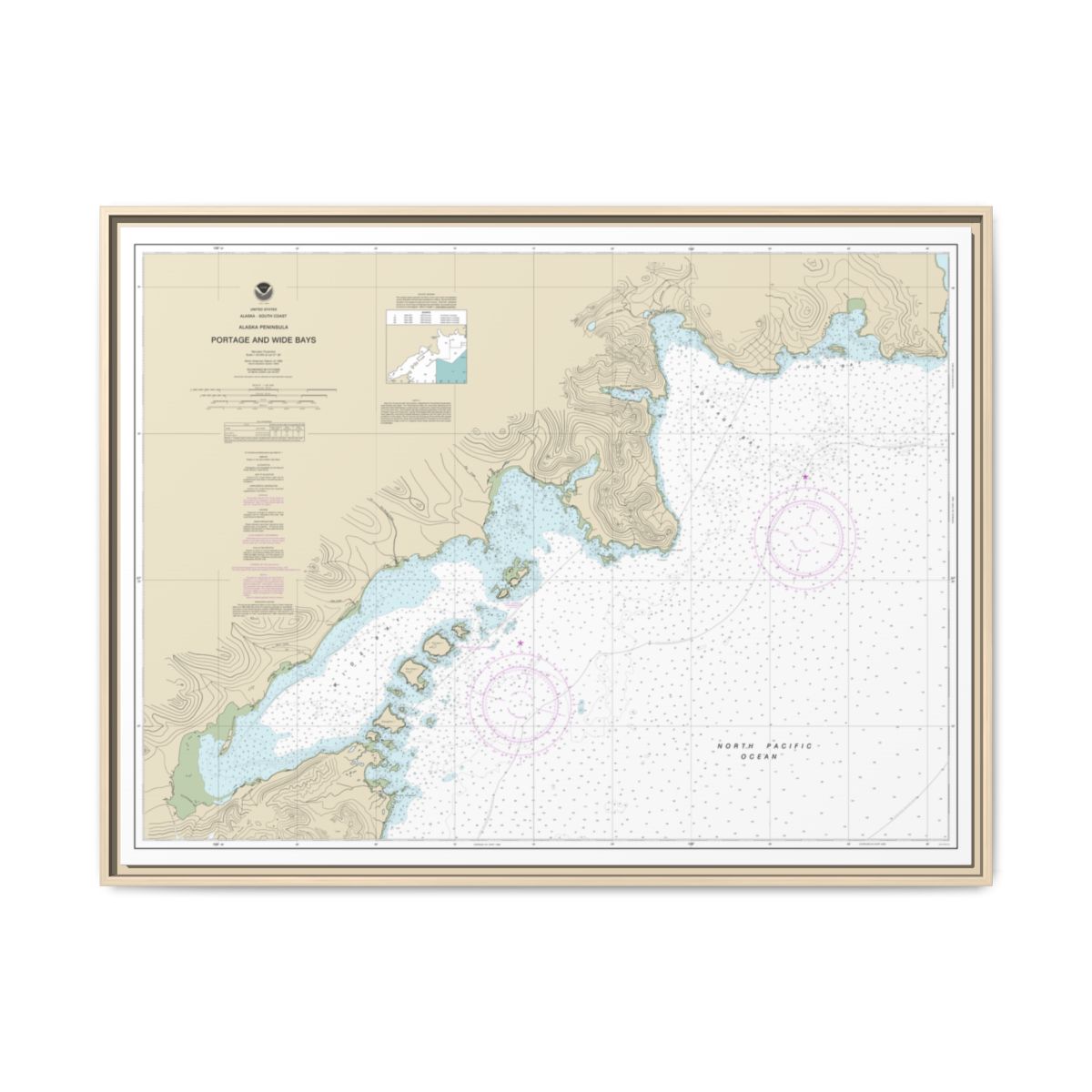 Chart 16570 Portage and Wide Bays, Alaska Pen. - NOAA Nautical Chart Floating Frame Canvas | 32" x 24" | 40" x 30" - Natural front