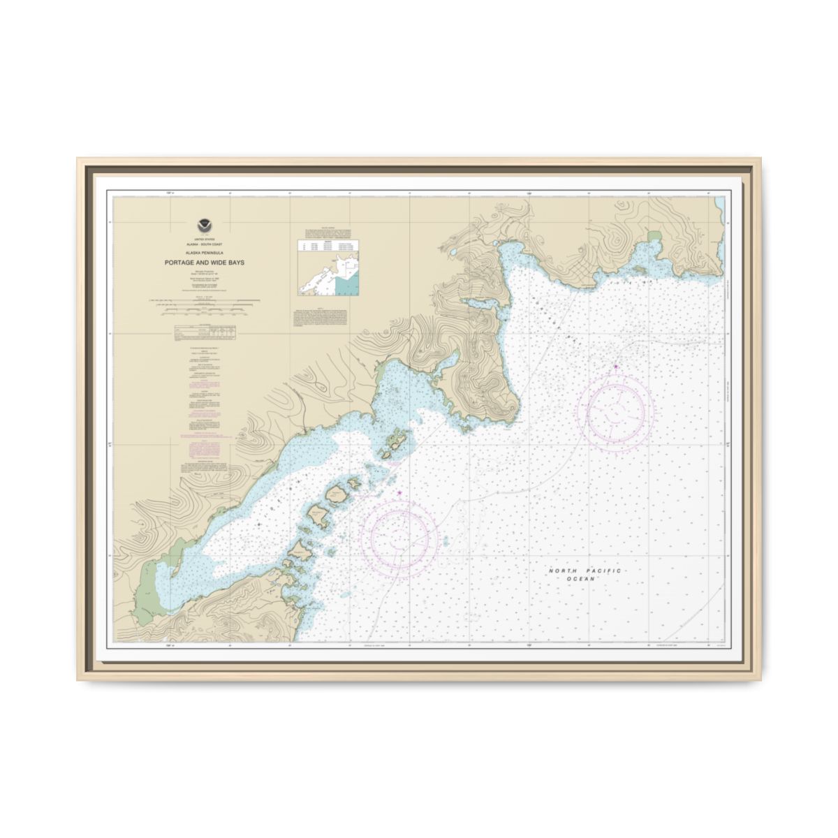 Chart 16570 Portage and Wide Bays, Alaska Pen. - NOAA Nautical Chart Floating Frame Canvas | 32" x 24" | 40" x 30" - Natural front