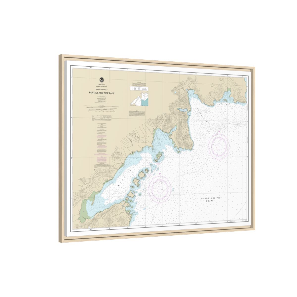 Chart 16570 Portage and Wide Bays, Alaska Pen. - NOAA Nautical Chart Floating Frame Canvas | 32" x 24" | 40" x 30" - Natural side
