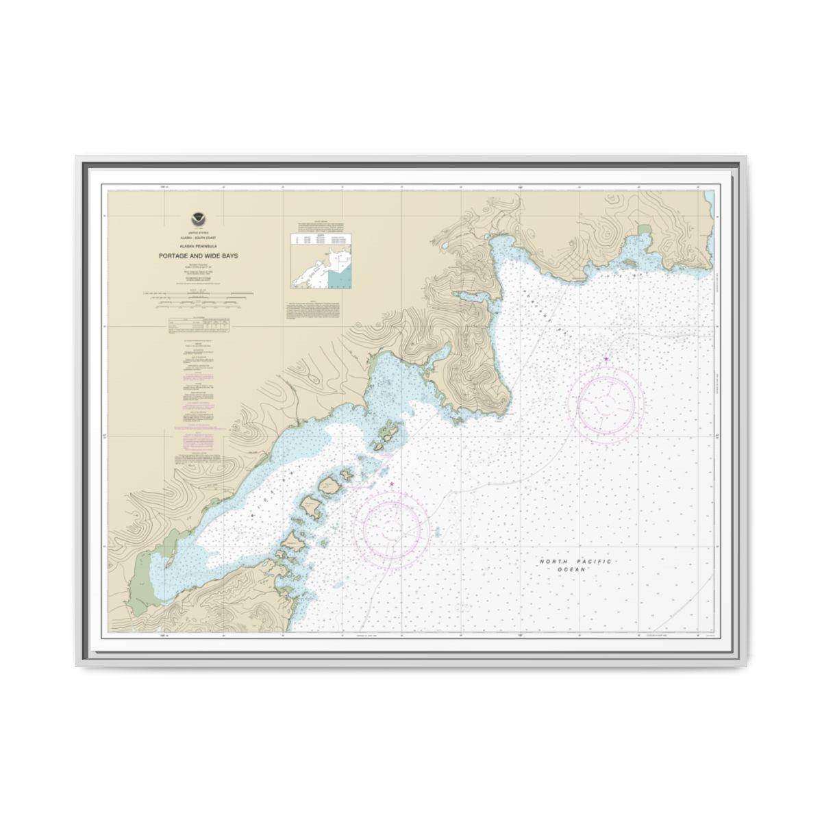 Chart 16570 Portage and Wide Bays, Alaska Pen. - NOAA Nautical Chart Floating Frame Canvas | 32" x 24" | 40" x 30" - White front