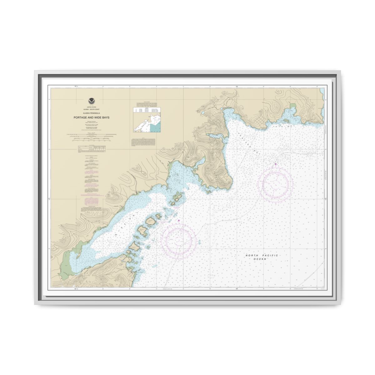Chart 16570 Portage and Wide Bays, Alaska Pen. - NOAA Nautical Chart Floating Frame Canvas | 32" x 24" | 40" x 30" - White front