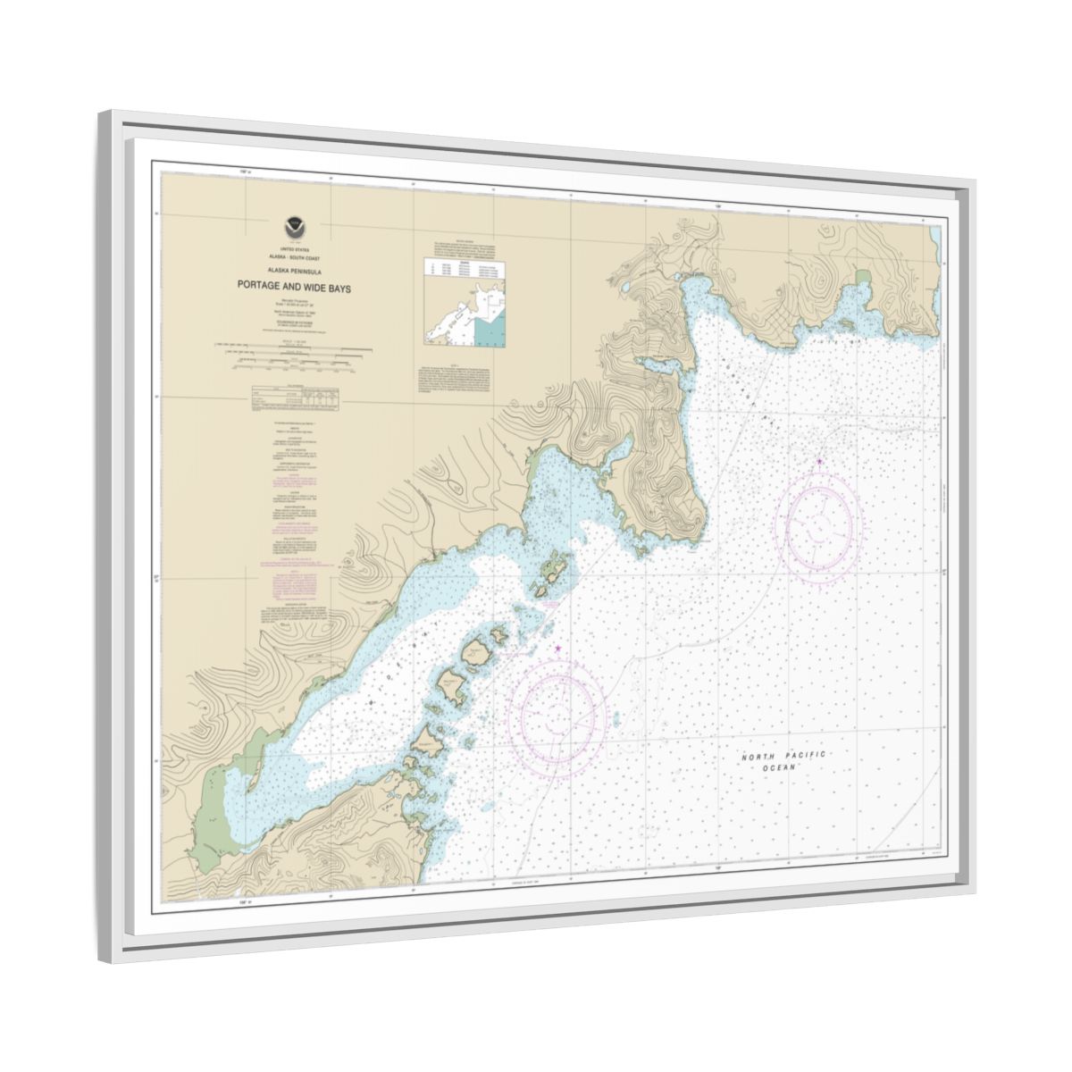 Chart 16570 Portage and Wide Bays, Alaska Pen. - NOAA Nautical Chart Floating Frame Canvas | 32" x 24" | 40" x 30" - White side