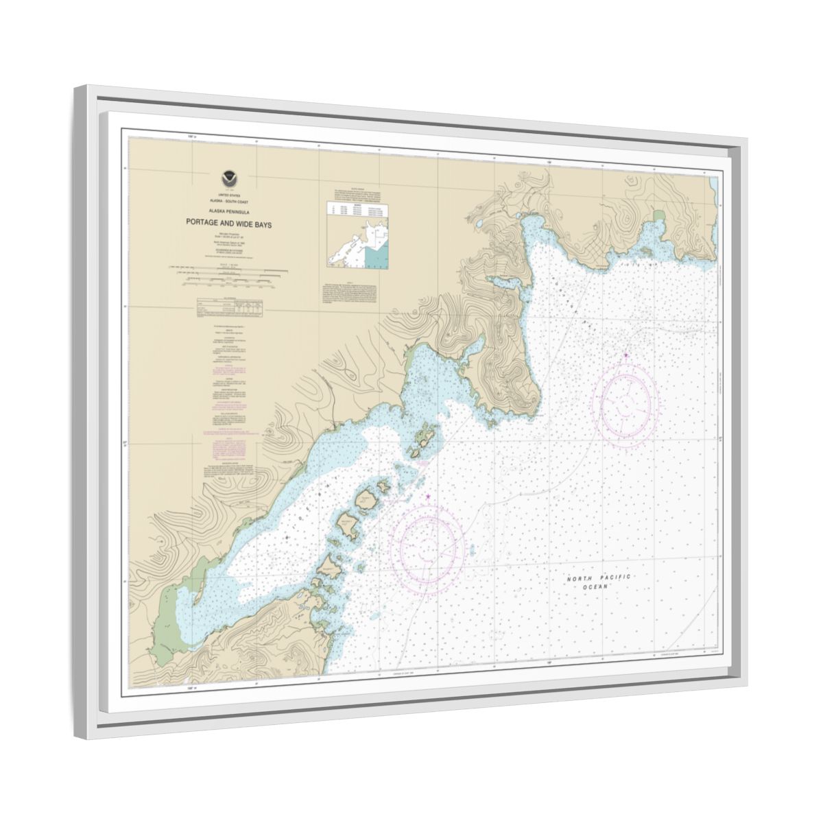 Chart 16570 Portage and Wide Bays, Alaska Pen. - NOAA Nautical Chart Floating Frame Canvas | 32" x 24" | 40" x 30" - White side