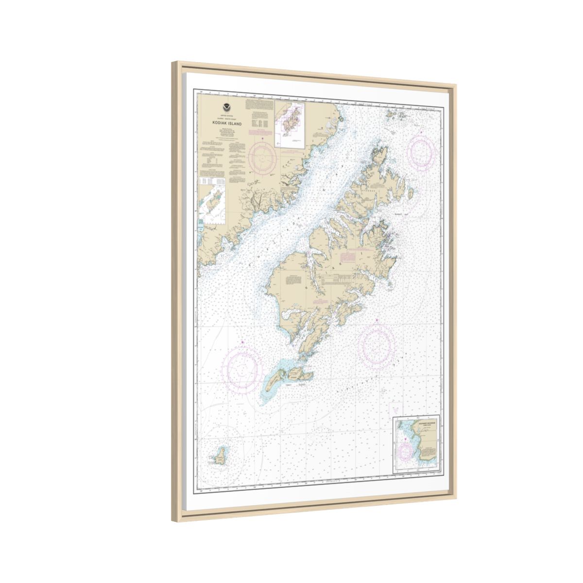 Chart 16580 Kodiak Island;Southwest Anchorage, Chirikof Island - NOAA Nautical Chart Floating Frame Canvas | 24" x 32" | 30" x 40" - Natural side