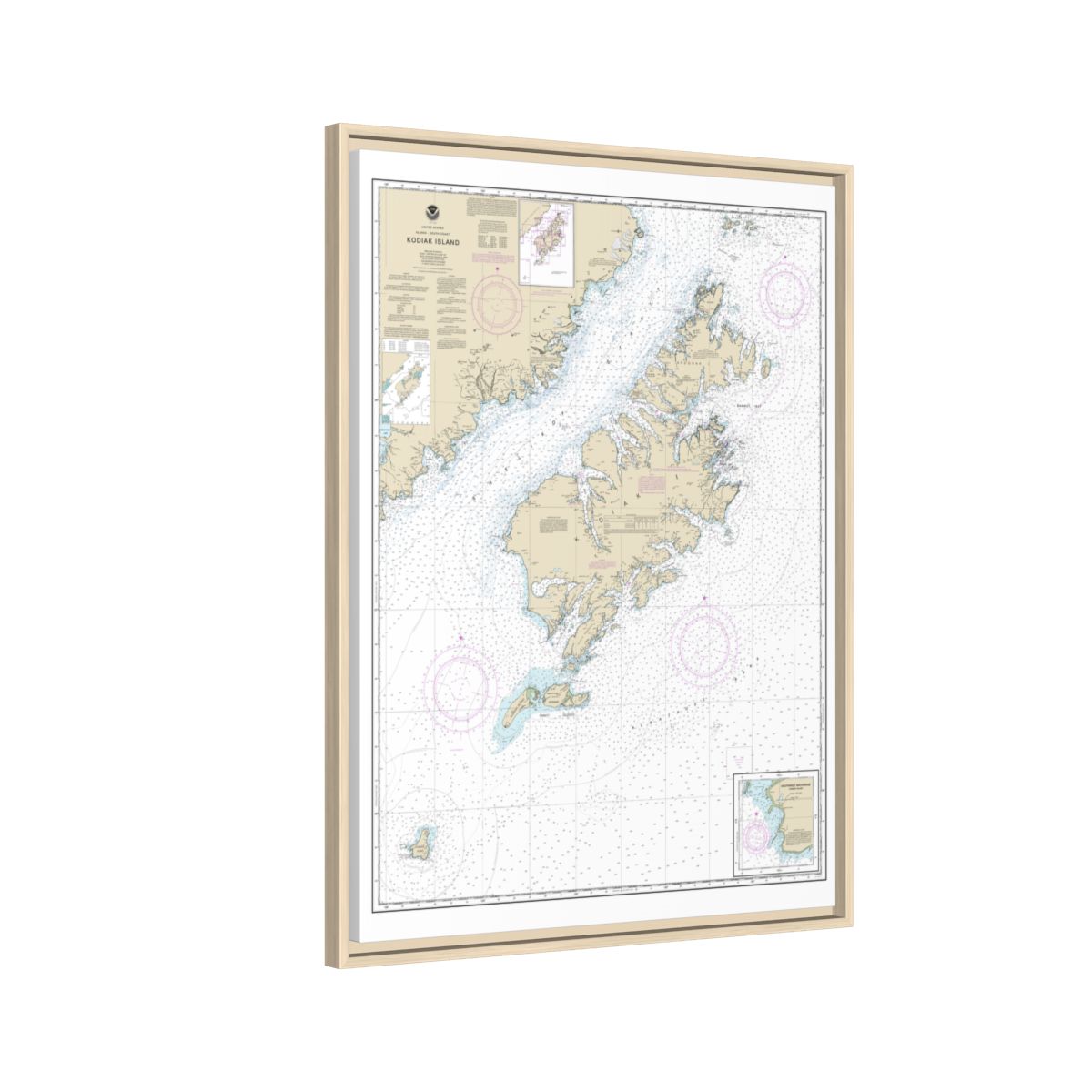 Chart 16580 Kodiak Island;Southwest Anchorage, Chirikof Island - NOAA Nautical Chart Floating Frame Canvas | 24" x 32" | 30" x 40" - Natural side