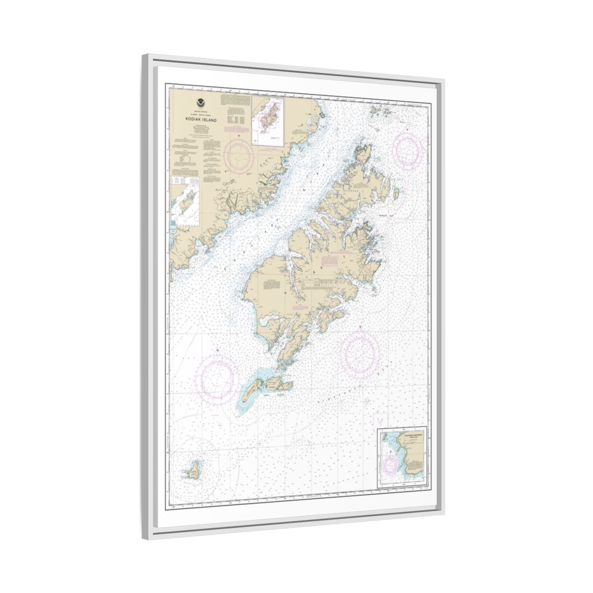 Chart 16580 Kodiak Island;Southwest Anchorage, Chirikof Island - NOAA Nautical Chart Floating Frame Canvas | 24" x 32" | 30" x 40" - White side