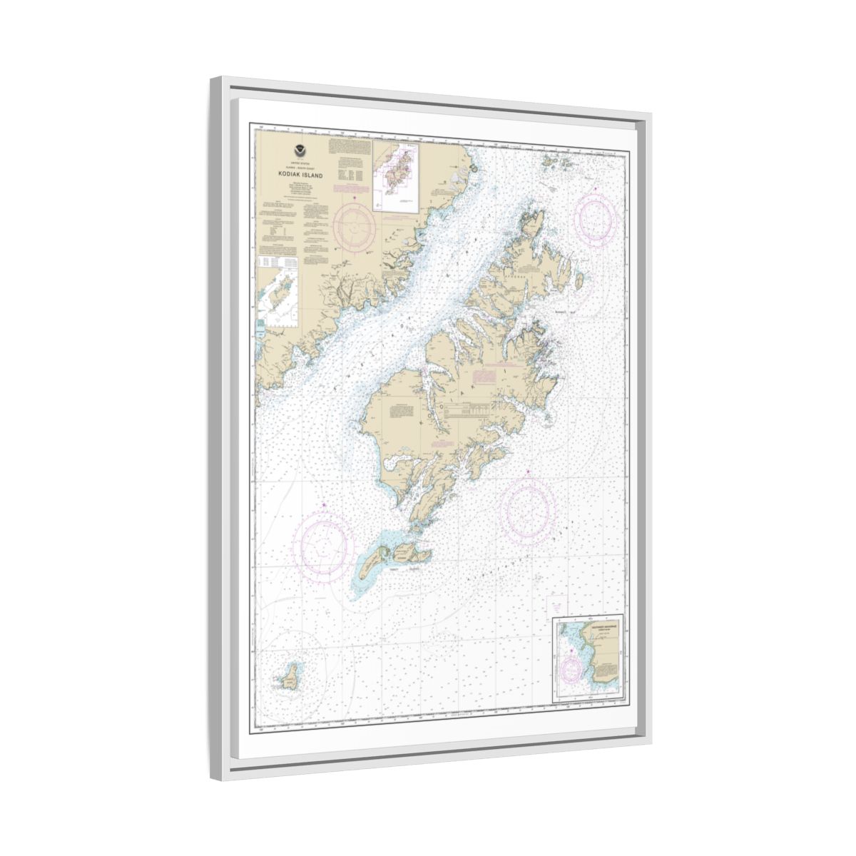 Chart 16580 Kodiak Island;Southwest Anchorage, Chirikof Island - NOAA Nautical Chart Floating Frame Canvas | 24" x 32" | 30" x 40" - White side