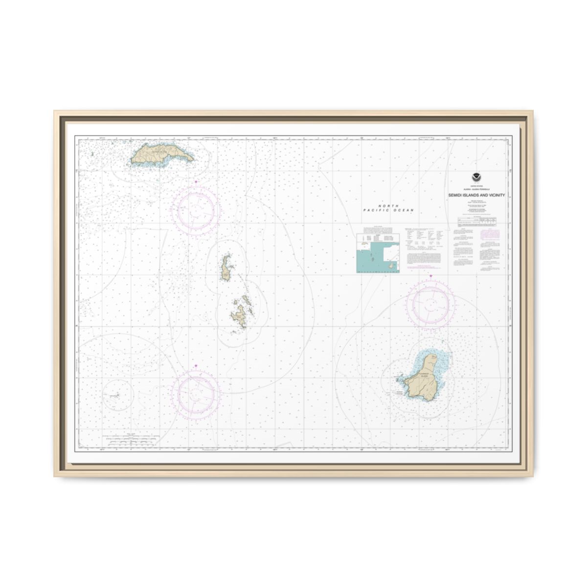 Chart 16587 Semidi Islands and Vicinity - NOAA Nautical Chart Floating Frame Canvas | 32" x 24" | 40" x 30" - Natural front