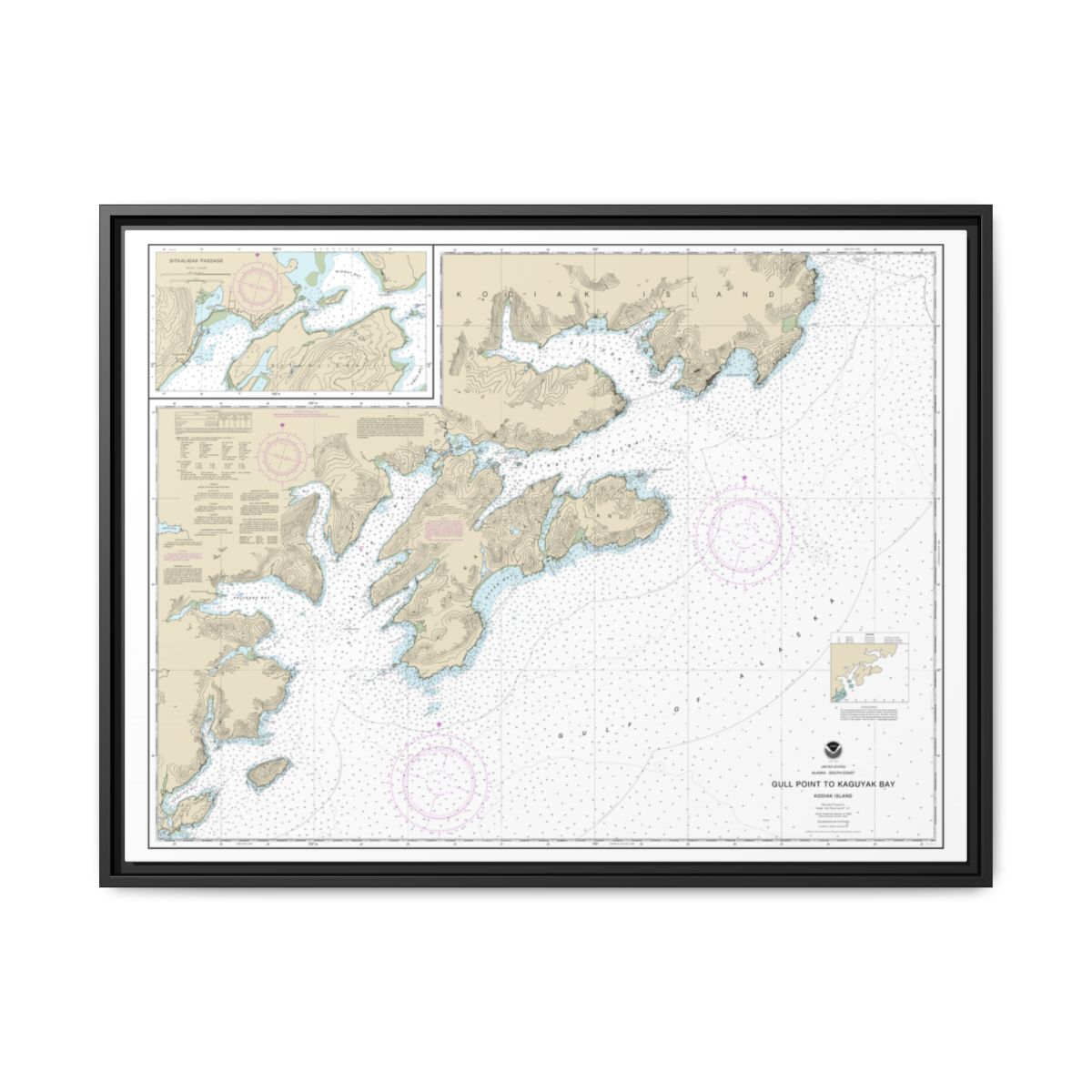 Chart 16592 Kodiak Island Gull Point to Kaguyak Bay;Sitkalidak Passage - NOAA Nautical Chart Floating Frame Canvas | 32" x 24" | 40" x 30" - Black front