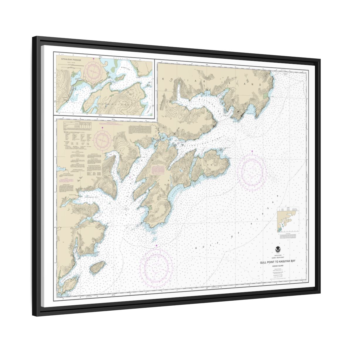 Chart 16592 Kodiak Island Gull Point to Kaguyak Bay;Sitkalidak Passage - NOAA Nautical Chart Floating Frame Canvas | 32" x 24" | 40" x 30" - Black side