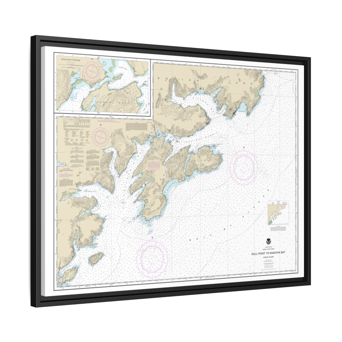 Chart 16592 Kodiak Island Gull Point to Kaguyak Bay;Sitkalidak Passage - NOAA Nautical Chart Floating Frame Canvas | 32" x 24" | 40" x 30" - Black side