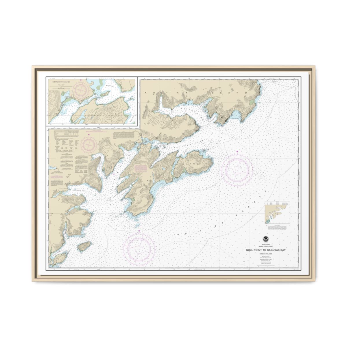 Chart 16592 Kodiak Island Gull Point to Kaguyak Bay;Sitkalidak Passage - NOAA Nautical Chart Floating Frame Canvas | 32" x 24" | 40" x 30" - Natural front