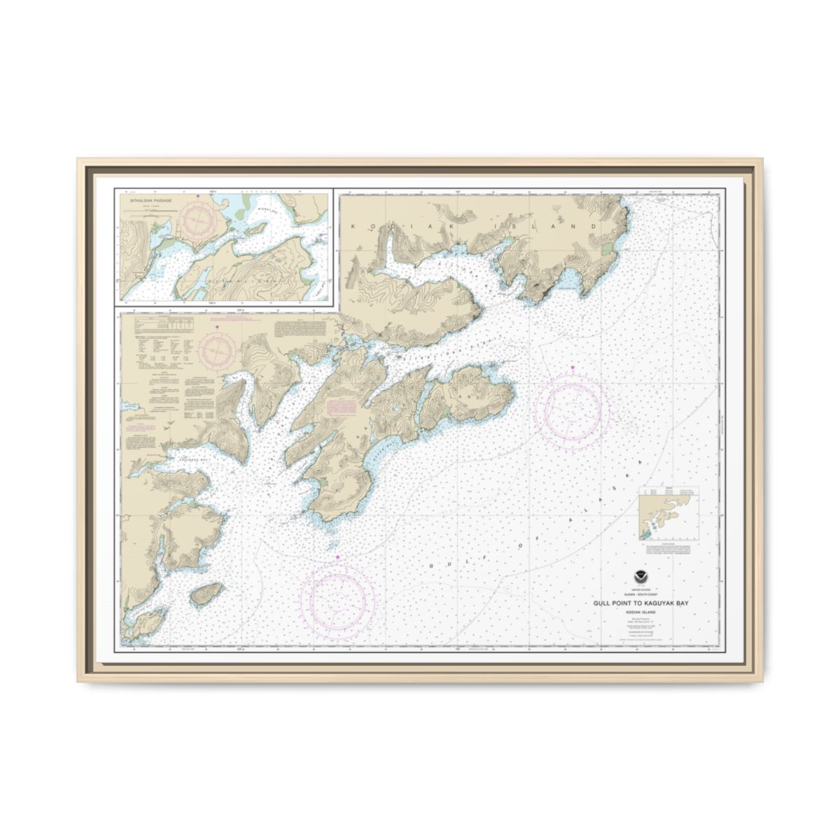 Chart 16592 Kodiak Island Gull Point to Kaguyak Bay;Sitkalidak Passage - NOAA Nautical Chart Floating Frame Canvas | 32" x 24" | 40" x 30" - Natural front