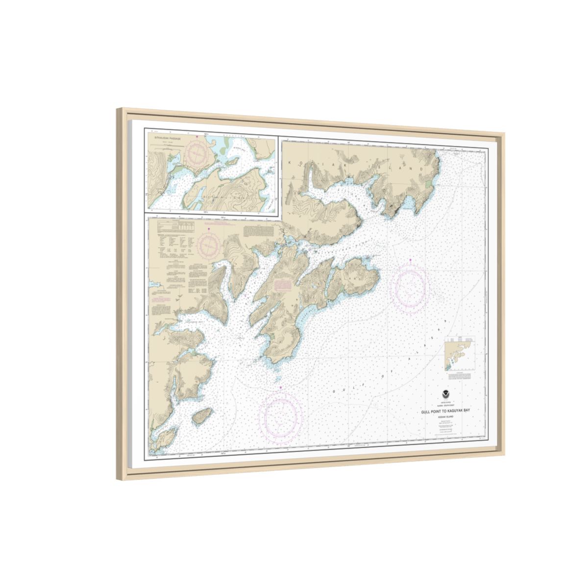 Chart 16592 Kodiak Island Gull Point to Kaguyak Bay;Sitkalidak Passage - NOAA Nautical Chart Floating Frame Canvas | 32" x 24" | 40" x 30" - Natural side