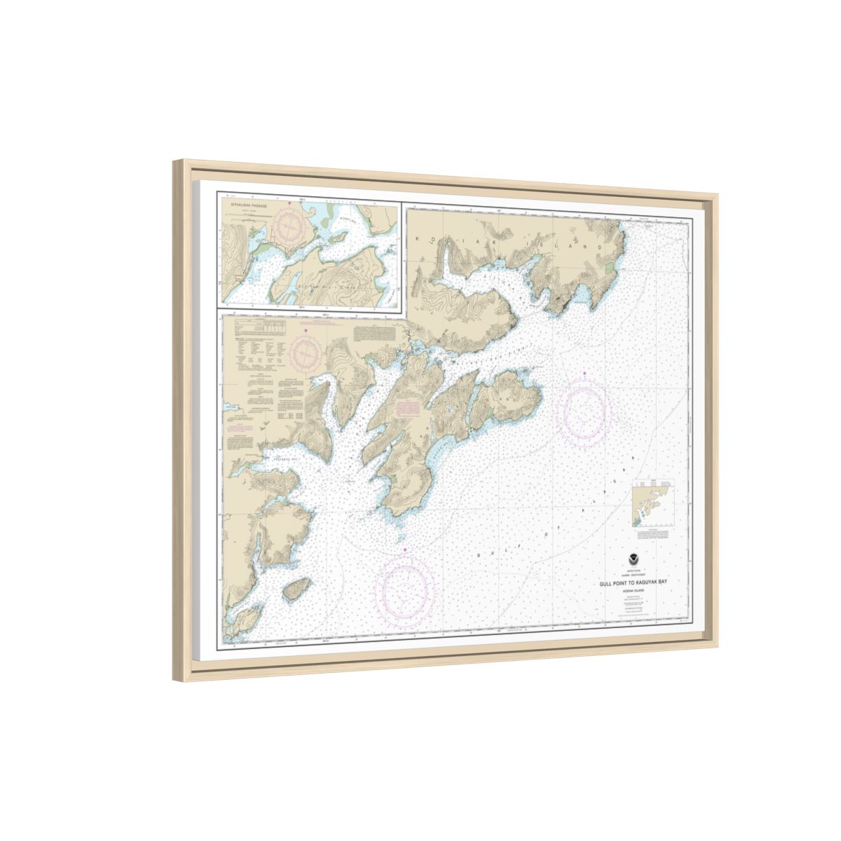 Chart 16592 Kodiak Island Gull Point to Kaguyak Bay;Sitkalidak Passage - NOAA Nautical Chart Floating Frame Canvas | 32" x 24" | 40" x 30" - Natural side