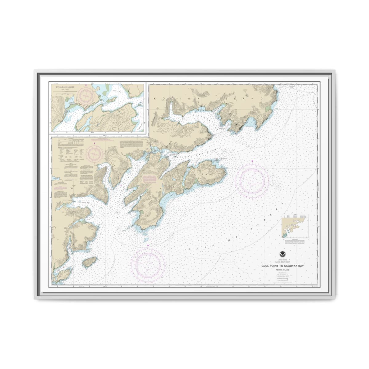 Chart 16592 Kodiak Island Gull Point to Kaguyak Bay;Sitkalidak Passage - NOAA Nautical Chart Floating Frame Canvas | 32" x 24" | 40" x 30" - White front