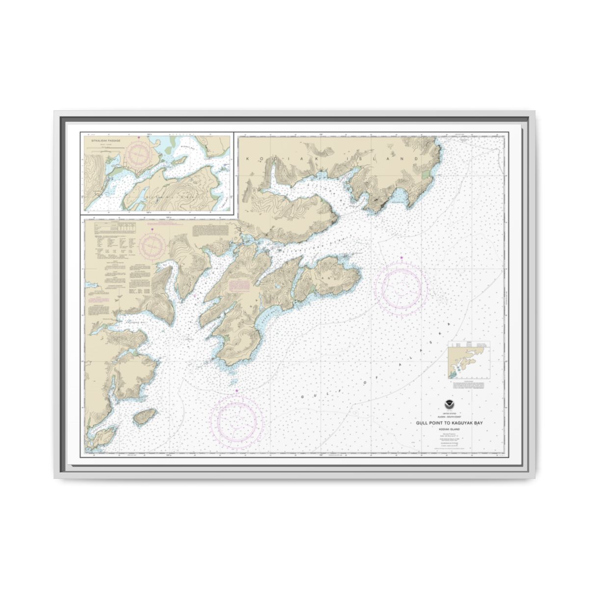 Chart 16592 Kodiak Island Gull Point to Kaguyak Bay;Sitkalidak Passage - NOAA Nautical Chart Floating Frame Canvas | 32" x 24" | 40" x 30" - White front