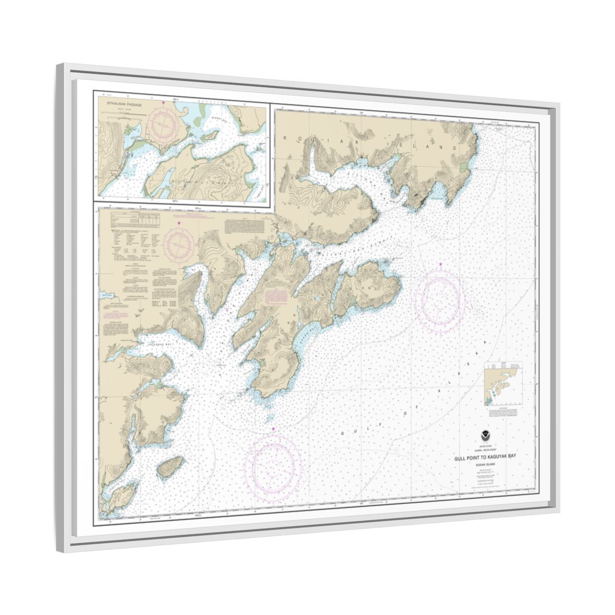 Chart 16592 Kodiak Island Gull Point to Kaguyak Bay;Sitkalidak Passage - NOAA Nautical Chart Floating Frame Canvas | 32" x 24" | 40" x 30" - White side
