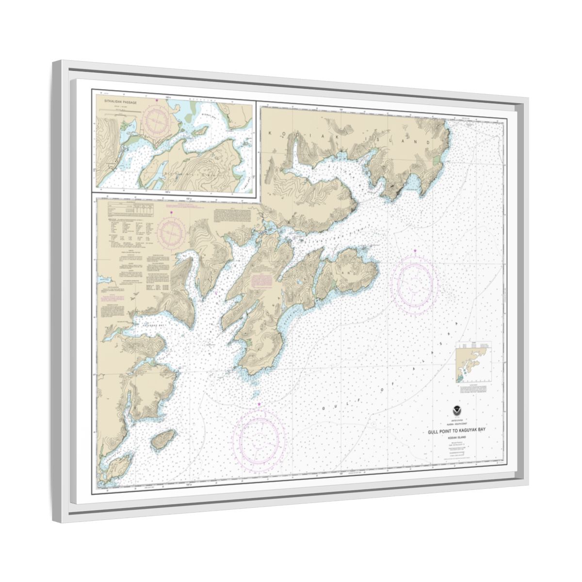 Chart 16592 Kodiak Island Gull Point to Kaguyak Bay;Sitkalidak Passage - NOAA Nautical Chart Floating Frame Canvas | 32" x 24" | 40" x 30" - White side