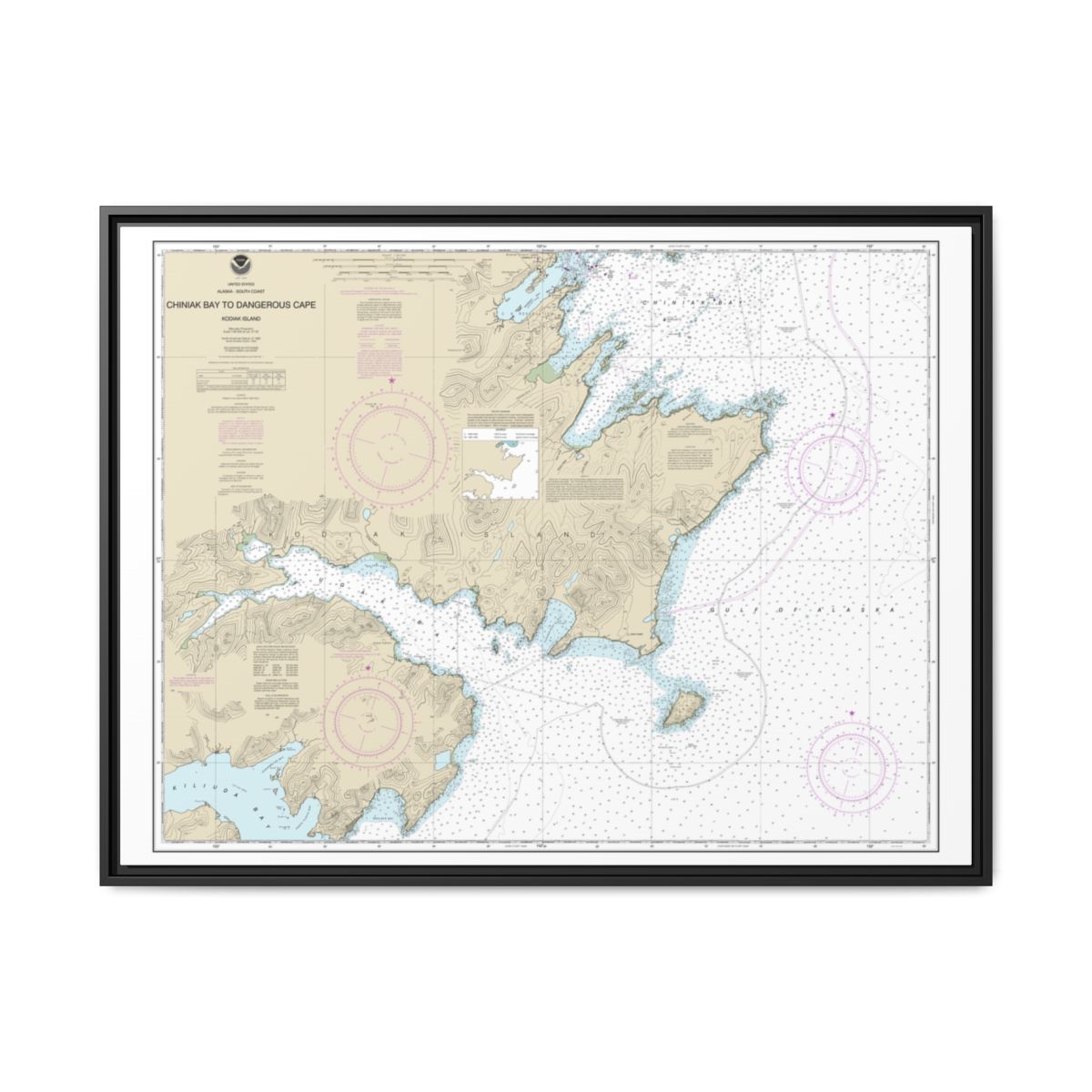 Chart 16593 Chiniak Bay to Dangerous Cape - NOAA Nautical Chart Floating Frame Canvas | 32" x 24" | 40" x 30" - Black front