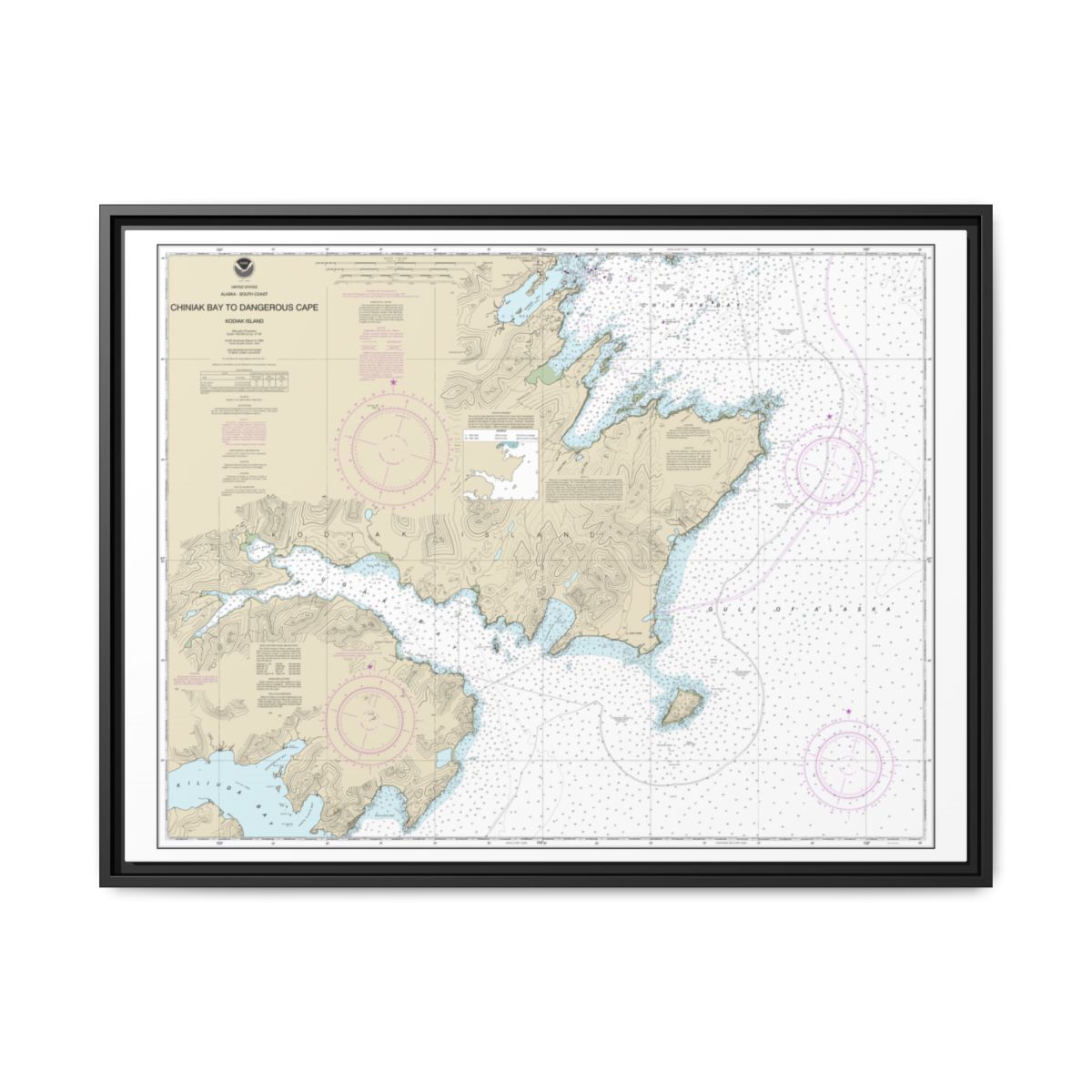 Chart 16593 Chiniak Bay to Dangerous Cape - NOAA Nautical Chart Floating Frame Canvas | 32" x 24" | 40" x 30" - Black front