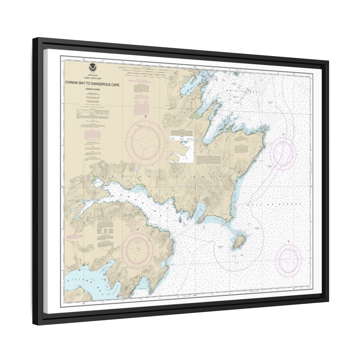 Chart 16593 Chiniak Bay to Dangerous Cape - NOAA Nautical Chart Floating Frame Canvas | 32" x 24" | 40" x 30" - Black side