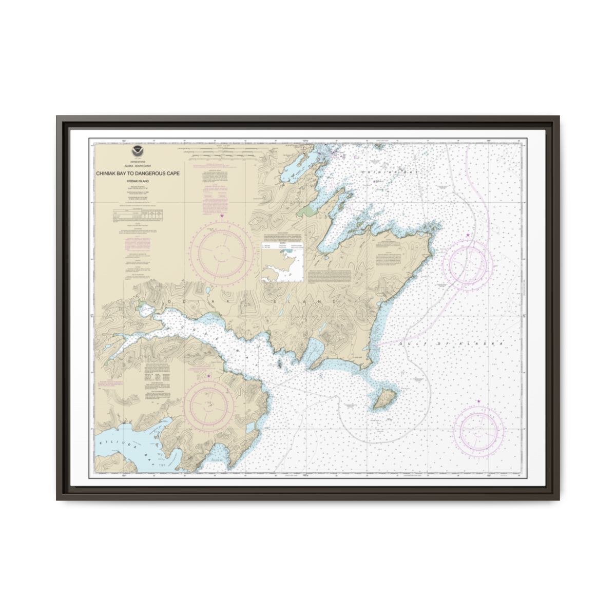Chart 16593 Chiniak Bay to Dangerous Cape - NOAA Nautical Chart Floating Frame Canvas | 32" x 24" | 40" x 30" - Espresso front
