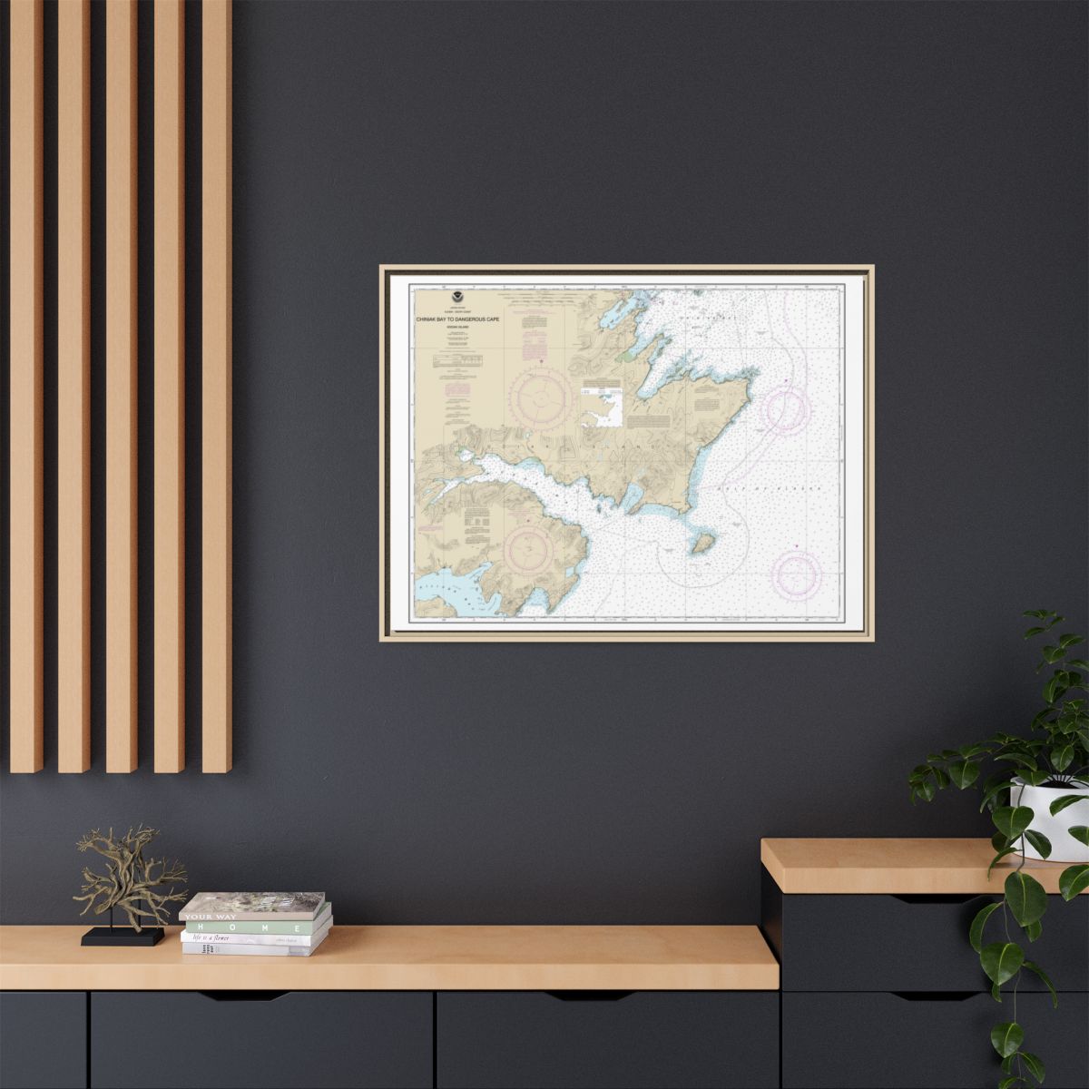 Chart 16593 Chiniak Bay to Dangerous Cape - NOAA Nautical Chart Floating Frame Canvas | 32" x 24" | 40" x 30" - Natural context-2