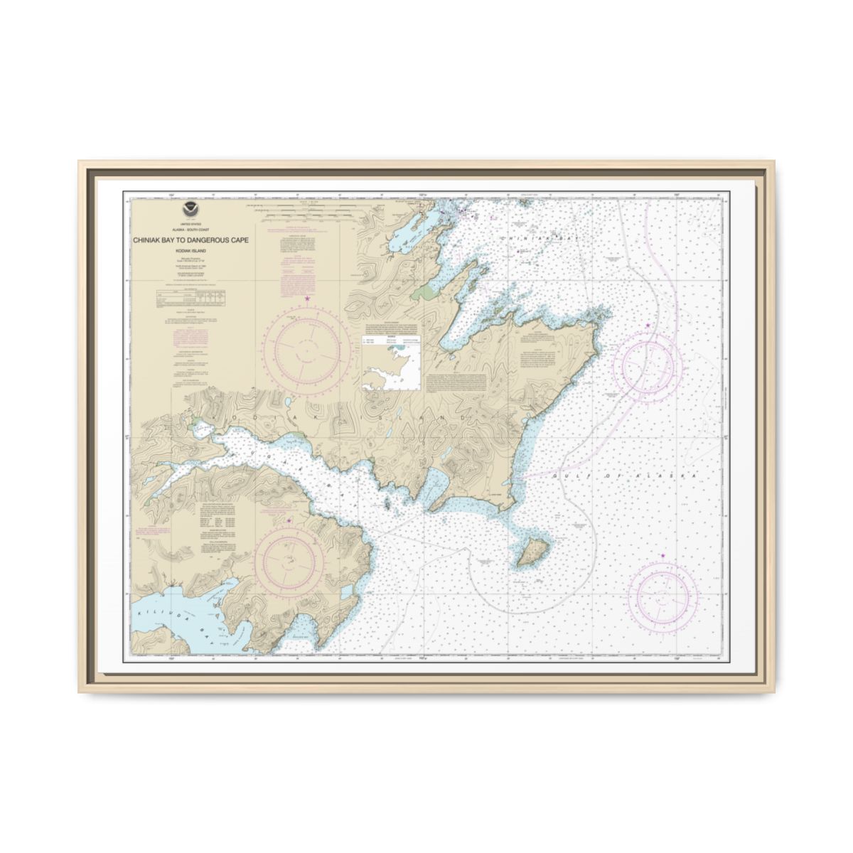 Chart 16593 Chiniak Bay to Dangerous Cape - NOAA Nautical Chart Floating Frame Canvas | 32" x 24" | 40" x 30" - Natural front