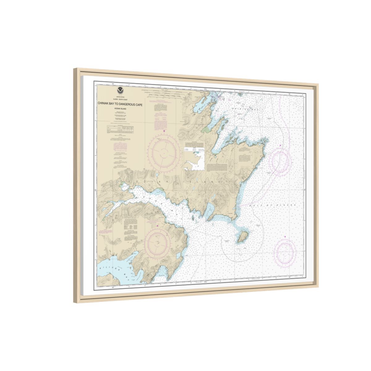 Chart 16593 Chiniak Bay to Dangerous Cape - NOAA Nautical Chart Floating Frame Canvas | 32" x 24" | 40" x 30" - Natural side