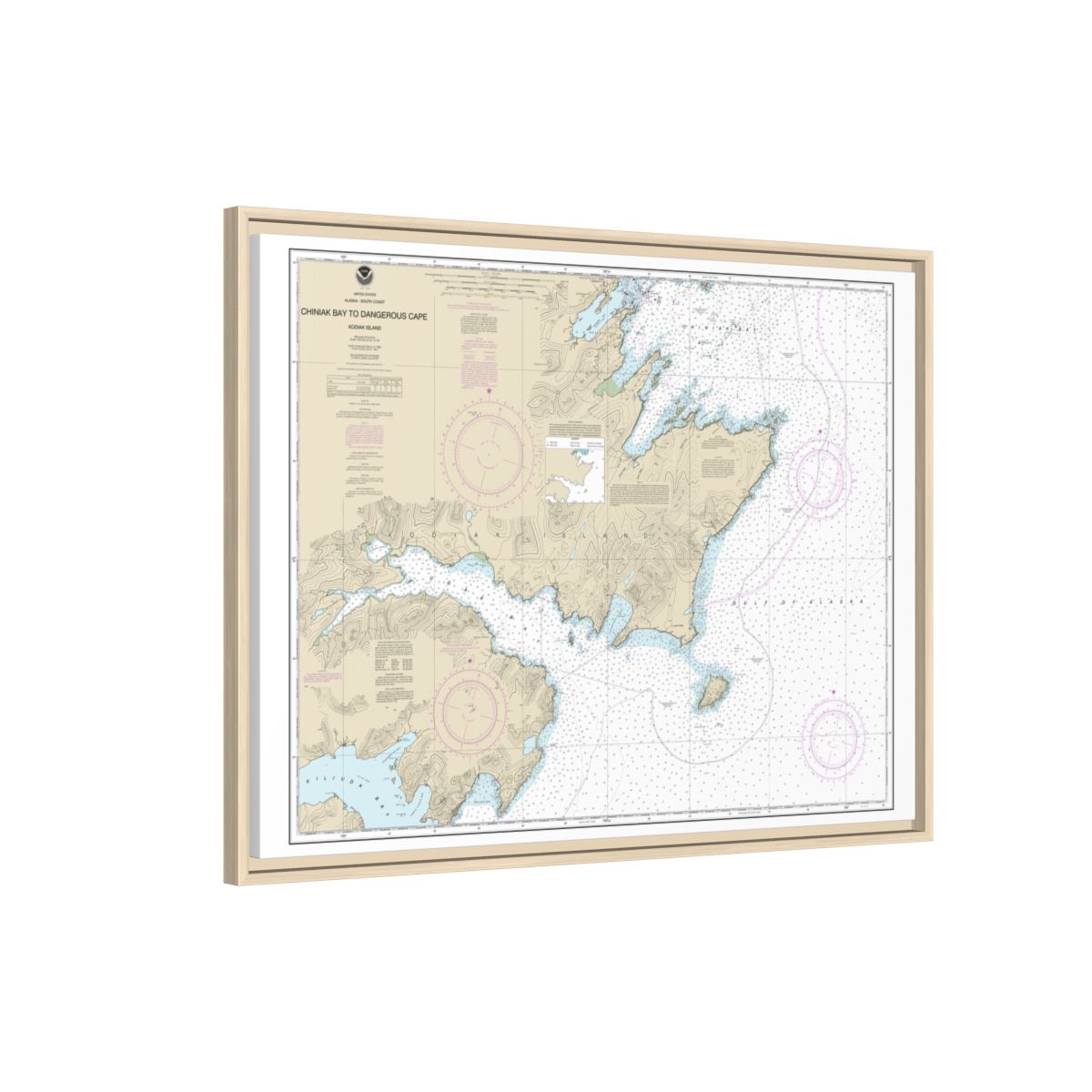 Chart 16593 Chiniak Bay to Dangerous Cape - NOAA Nautical Chart Floating Frame Canvas | 32" x 24" | 40" x 30" - Natural side