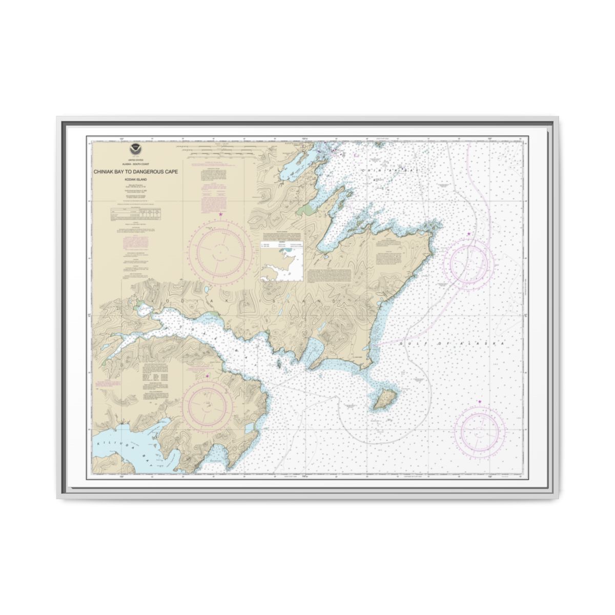 Chart 16593 Chiniak Bay to Dangerous Cape - NOAA Nautical Chart Floating Frame Canvas | 32" x 24" | 40" x 30" - White front