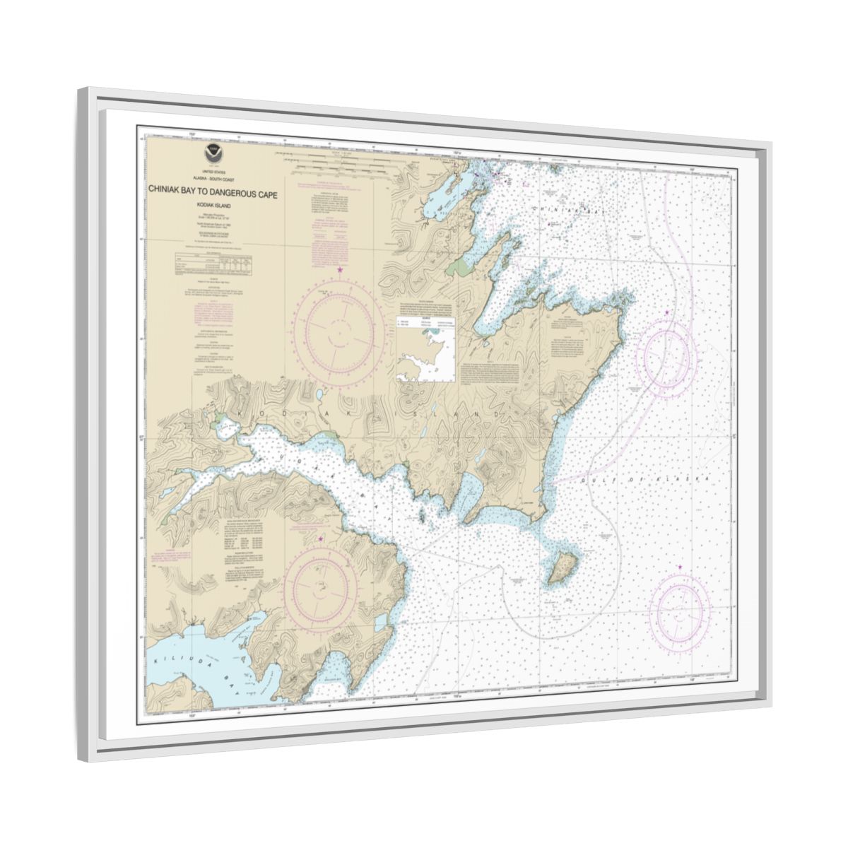 Chart 16593 Chiniak Bay to Dangerous Cape - NOAA Nautical Chart Floating Frame Canvas | 32" x 24" | 40" x 30" - White side