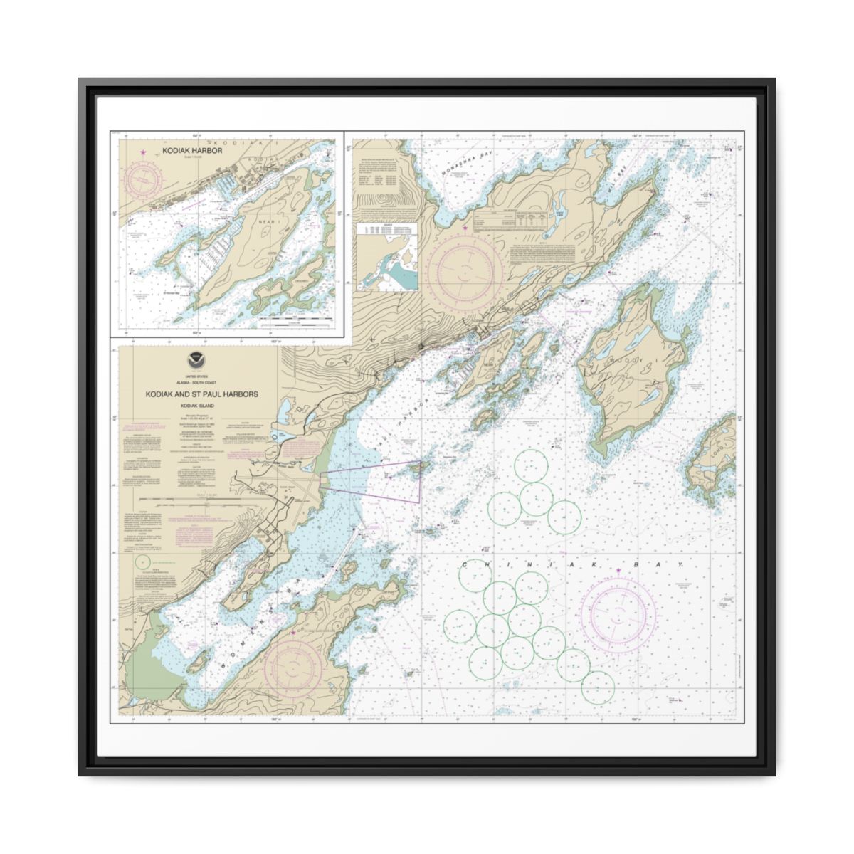 Chart 16595 Kodiak and St. Paul harbors;Kodiak Harbor - NOAA Nautical Chart Floating Frame Canvas | 32" x 32" - Black front