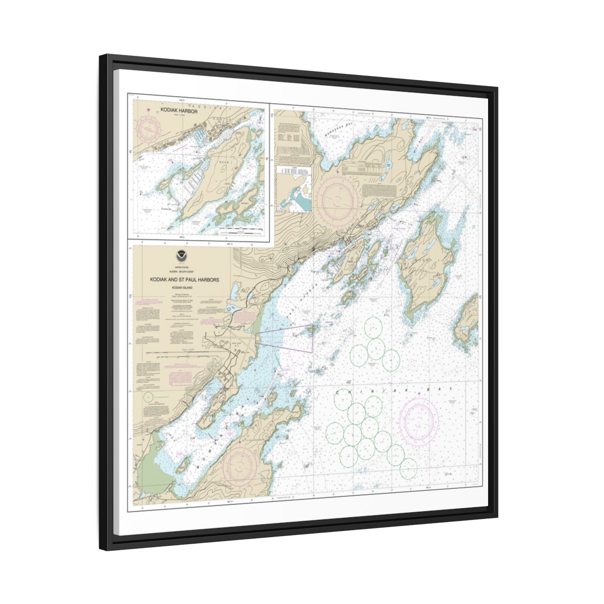 Chart 16595 Kodiak and St. Paul harbors;Kodiak Harbor - NOAA Nautical Chart Floating Frame Canvas | 32" x 32" - Black side