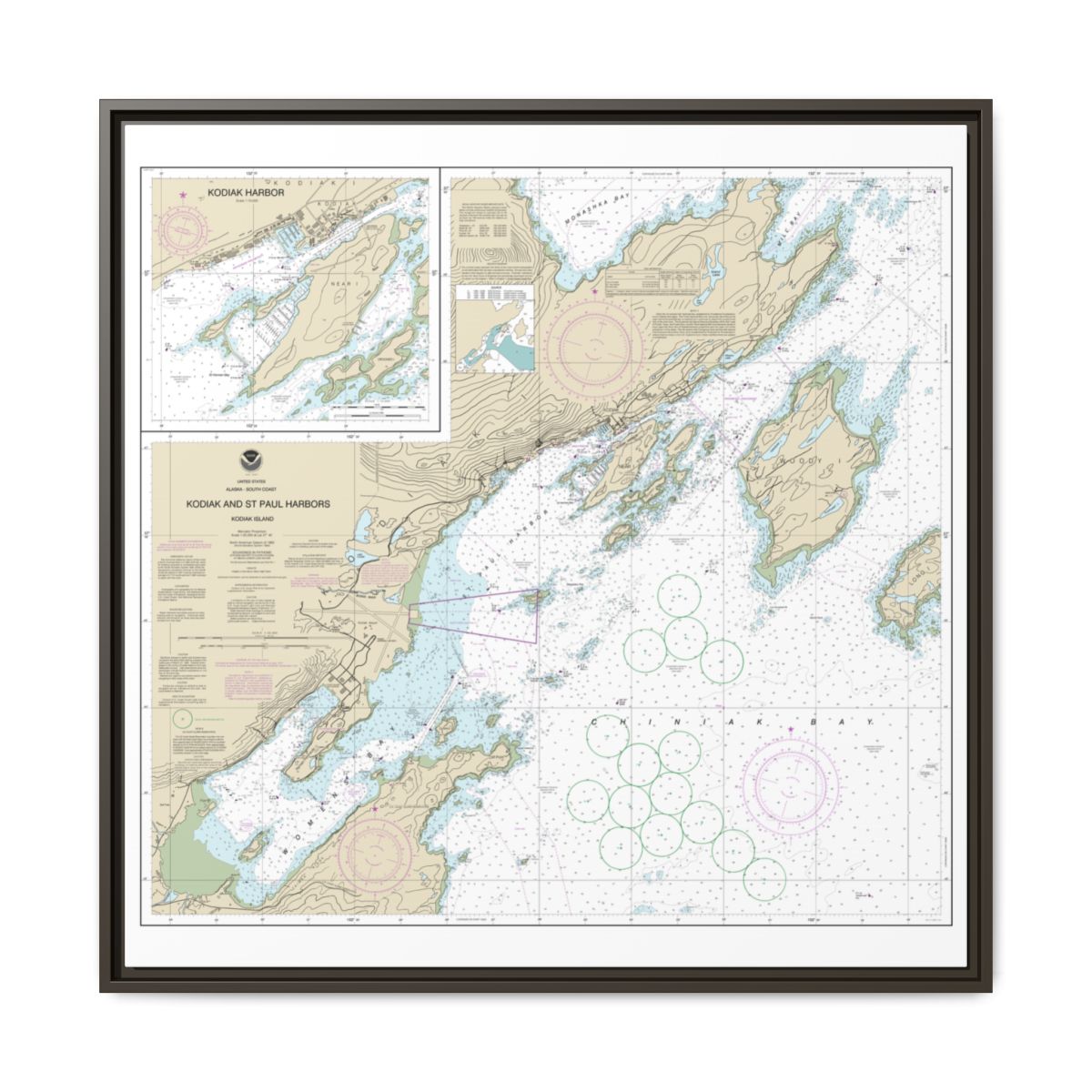 Chart 16595 Kodiak and St. Paul harbors;Kodiak Harbor - NOAA Nautical Chart Floating Frame Canvas | 32" x 32" - Espresso front