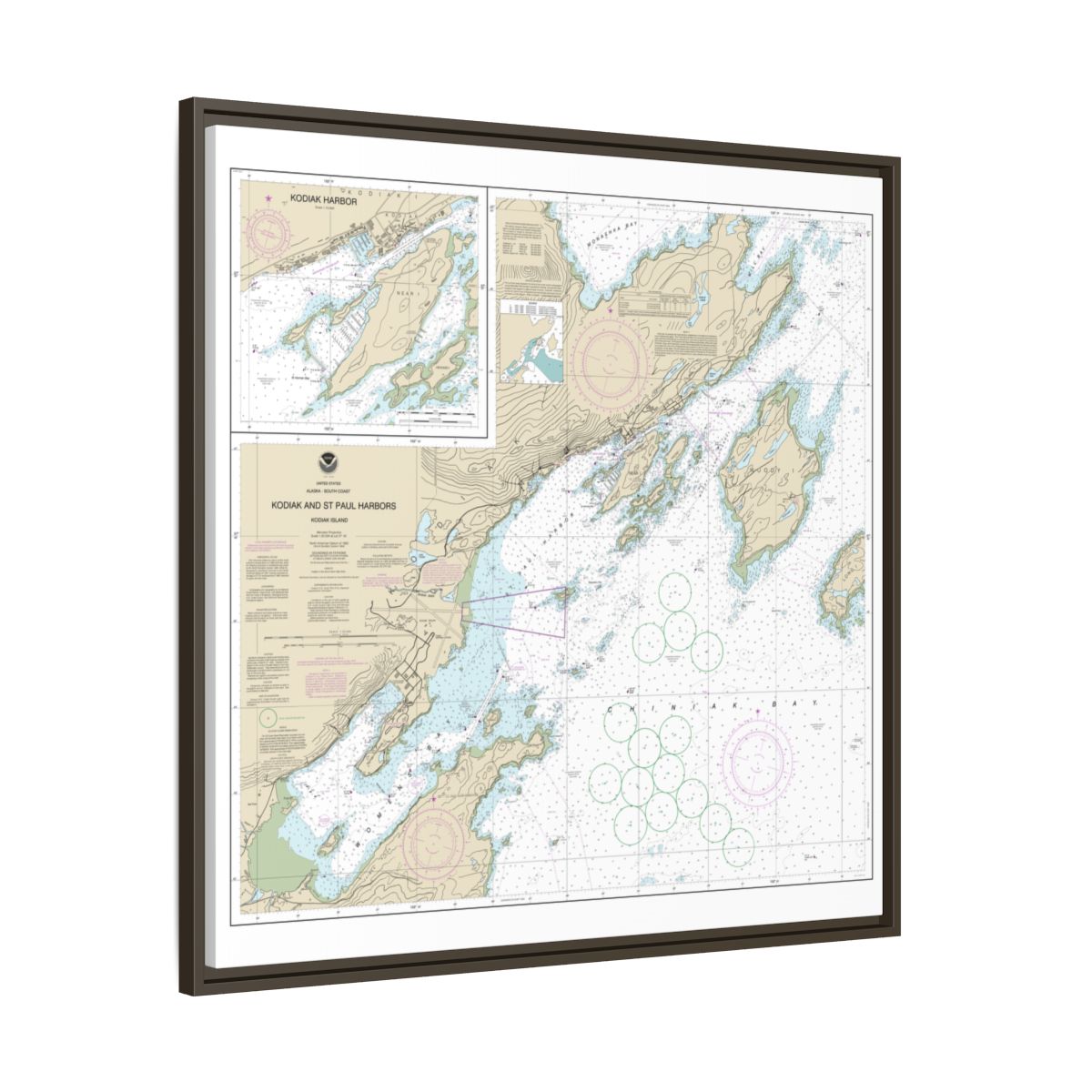 Chart 16595 Kodiak and St. Paul harbors;Kodiak Harbor - NOAA Nautical Chart Floating Frame Canvas | 32" x 32" - Espresso side