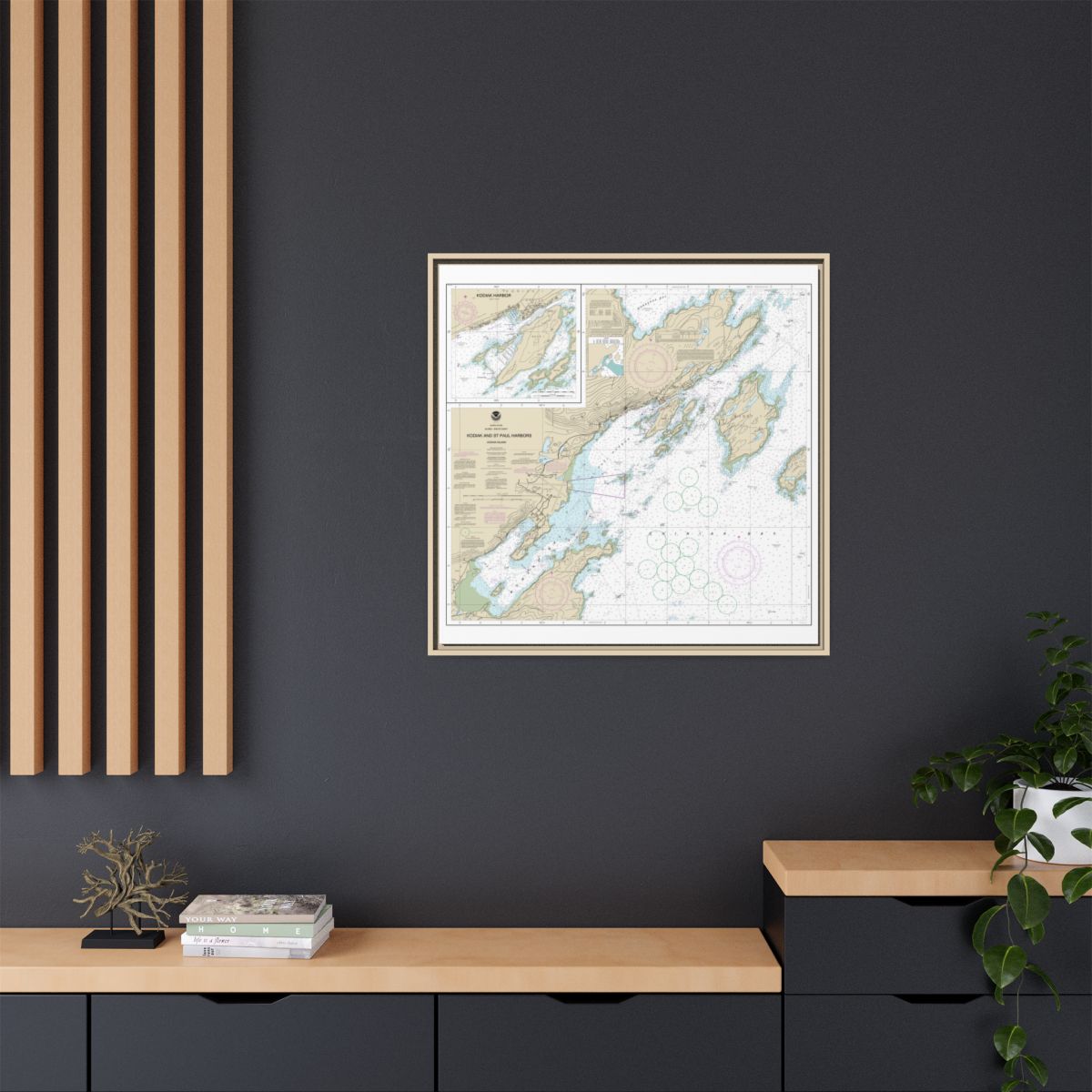 Chart 16595 Kodiak and St. Paul harbors;Kodiak Harbor - NOAA Nautical Chart Floating Frame Canvas | 32" x 32" - Natural context-2