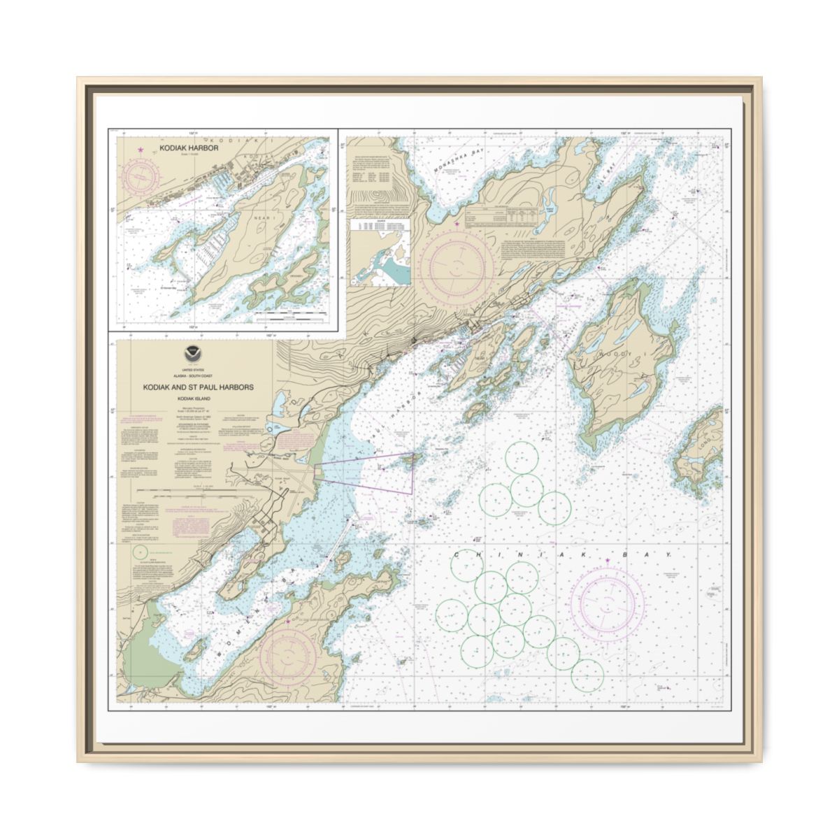Chart 16595 Kodiak and St. Paul harbors;Kodiak Harbor - NOAA Nautical Chart Floating Frame Canvas | 32" x 32" - Natural front