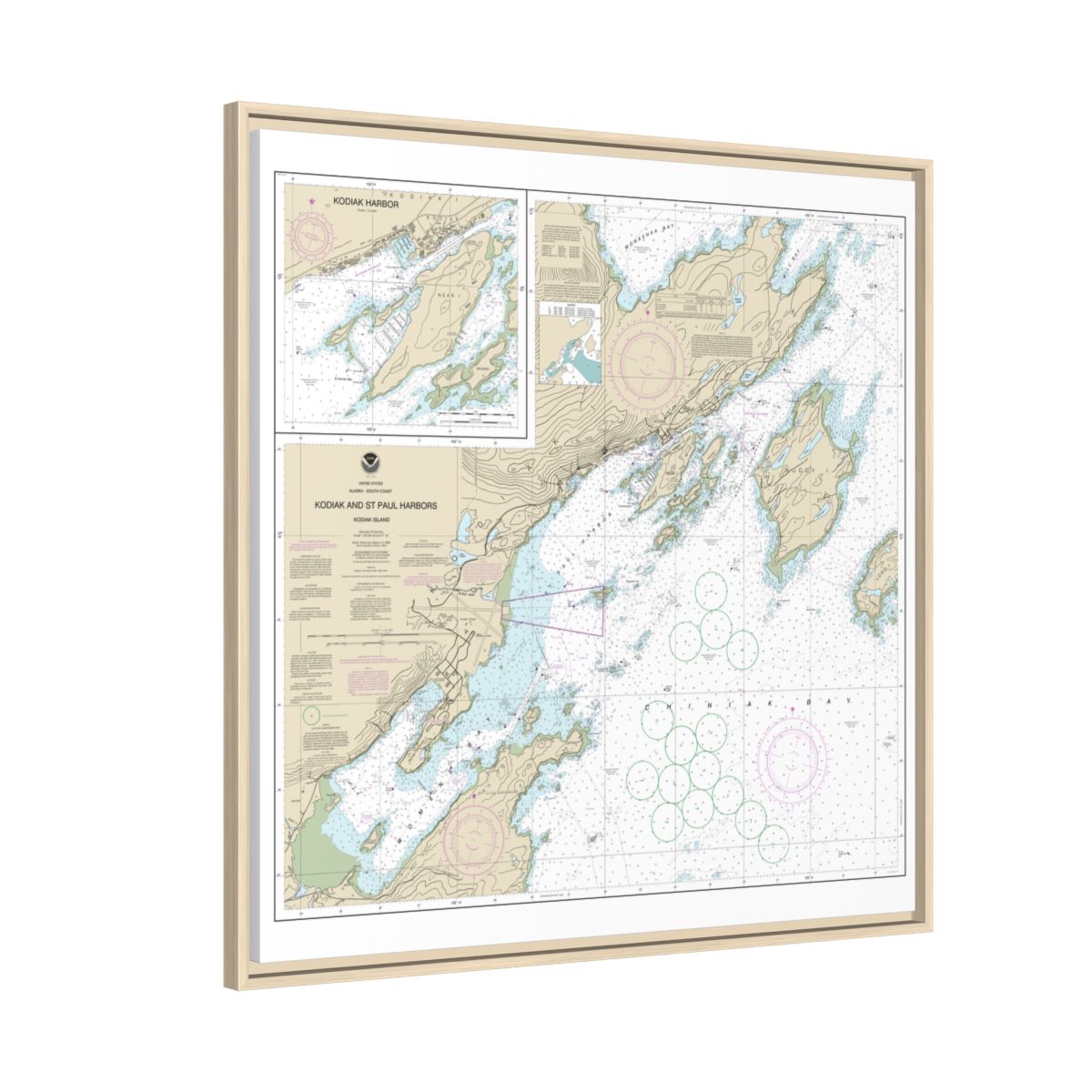 Chart 16595 Kodiak and St. Paul harbors;Kodiak Harbor - NOAA Nautical Chart Floating Frame Canvas | 32" x 32" - Natural side