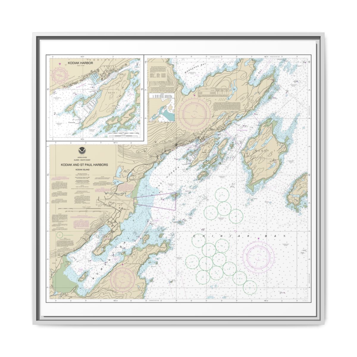Chart 16595 Kodiak and St. Paul harbors;Kodiak Harbor - NOAA Nautical Chart Floating Frame Canvas | 32" x 32" - White front