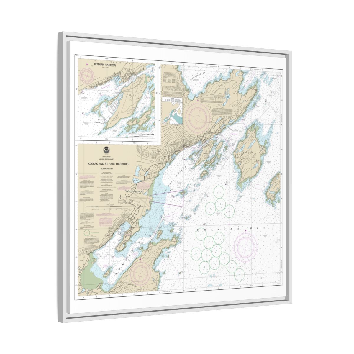 Chart 16595 Kodiak and St. Paul harbors;Kodiak Harbor - NOAA Nautical Chart Floating Frame Canvas | 32" x 32" - White side
