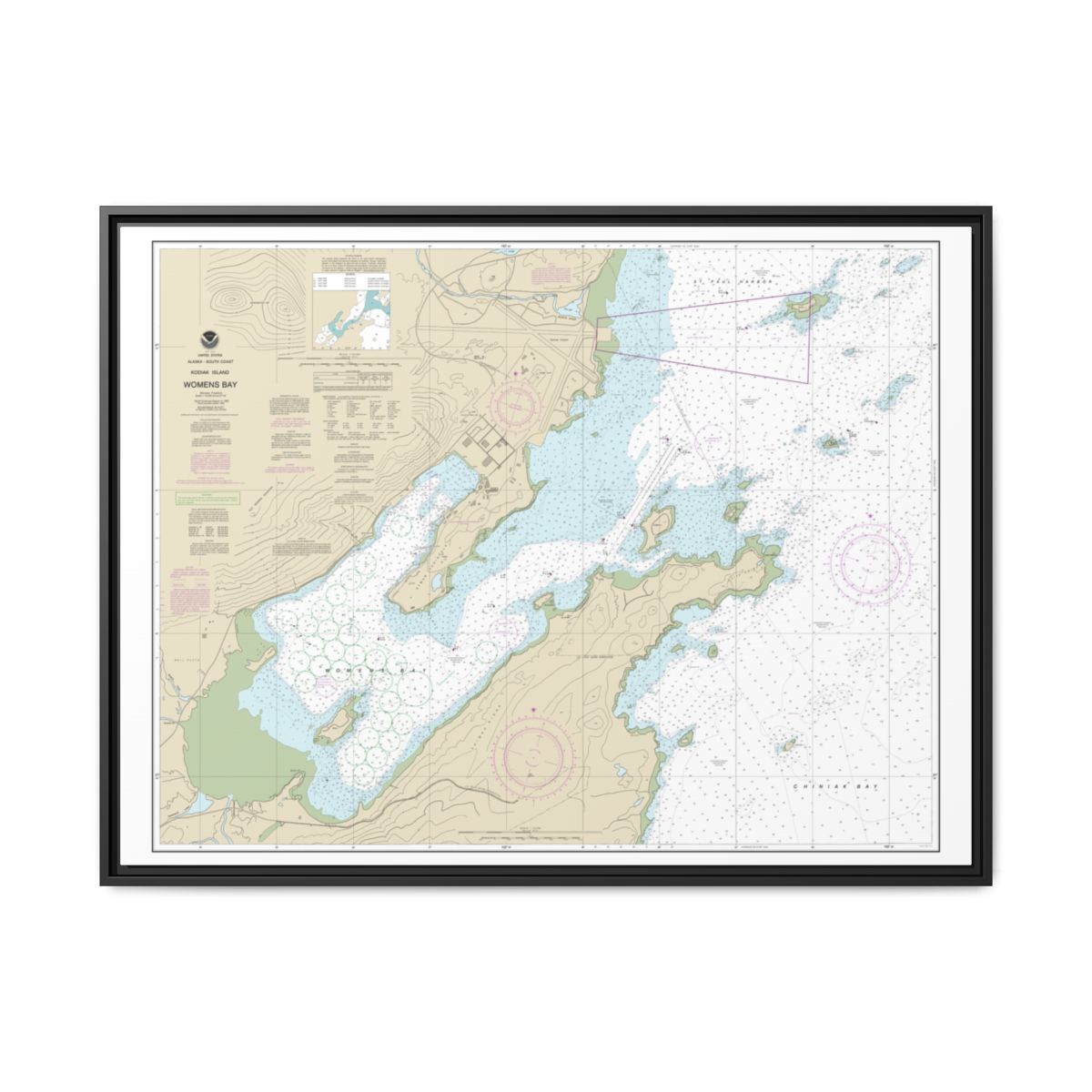 Chart 16596 Womens Bay - NOAA Nautical Chart Floating Frame Canvas | 32" x 24" | 40" x 30" - Black front